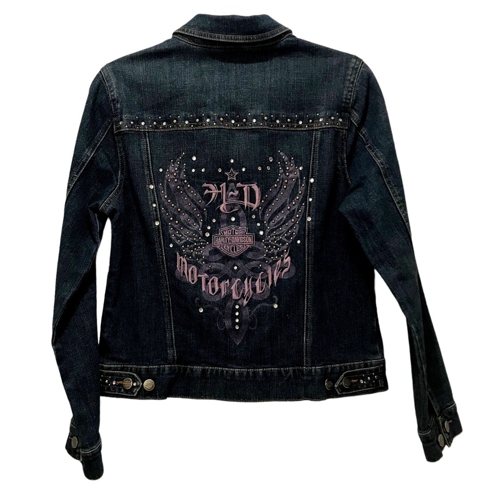 HARLEY-DAVIDSON Denim Rhinestone Metal Purple Lettering Detailed Jacket, Med
